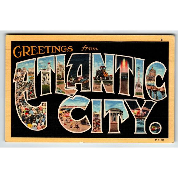 Greetings From Atlantic City New Jersey Large Big Letter Linen Postcard 1948 NJ - Picture 1 of 2